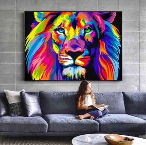 Art display with a colorful lion - paint by number canvas hanging on the wall