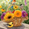 A painting of a basket full of flowers and birds