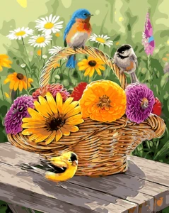 A painting of a basket full of flowers and birds