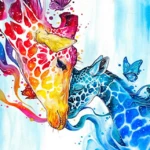 A painting of a mom giraffe lovingly nuzzling her baby