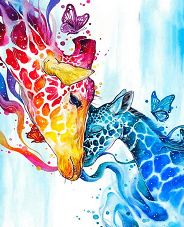 A painting of a mom giraffe lovingly nuzzling her baby