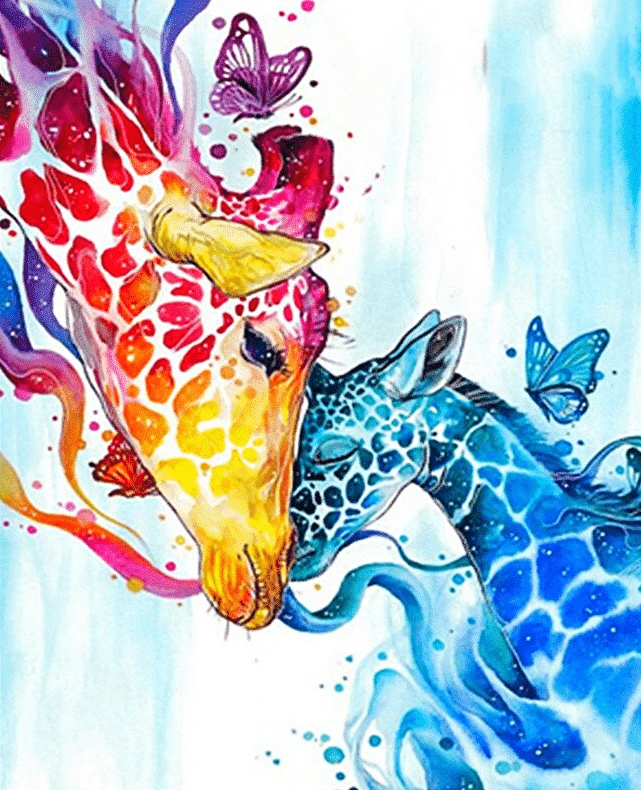 A painting of a mom giraffe lovingly nuzzling her baby