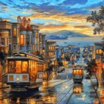 A paint by number painting of two cable cars on the street in San Francisco