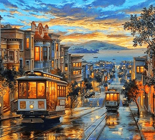 A paint by number painting of two cable cars on the street in San Francisco