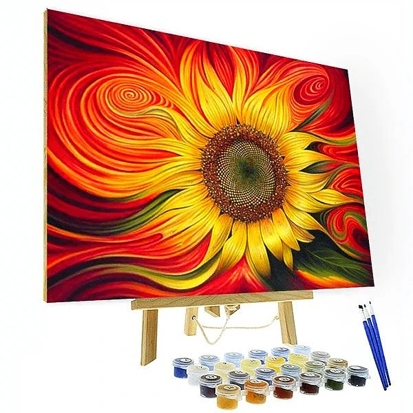 A Sunflower painting on an easel with paint brushes and paint pots