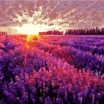 A painting of a lavender field at sunset