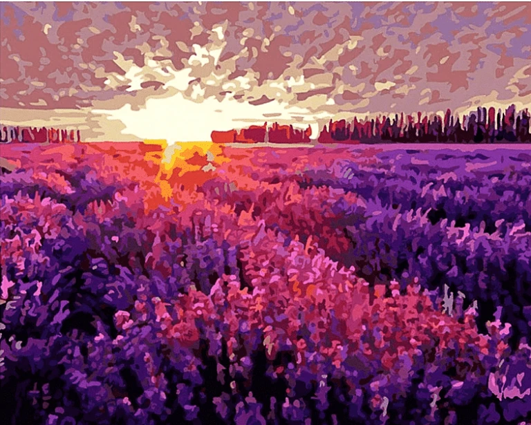 A painting of a lavender field at sunset