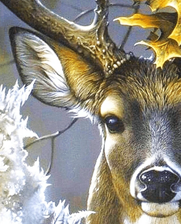 Paint by number portrait of a deer’s head nestled between tree branches adorned with white and yellow fall leaves.