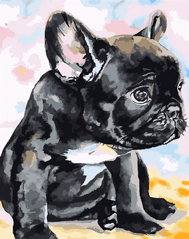 a painting of a black and white french bulldog