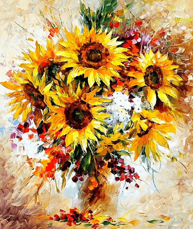 A paint by number painting of sunflowers in a vase
