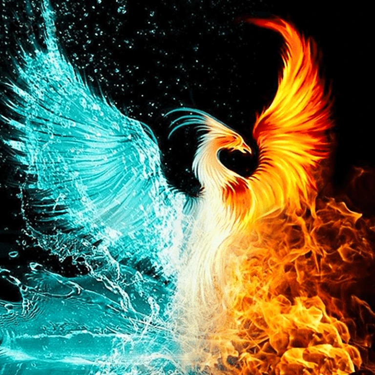 A photo of a blue and gold phoenix