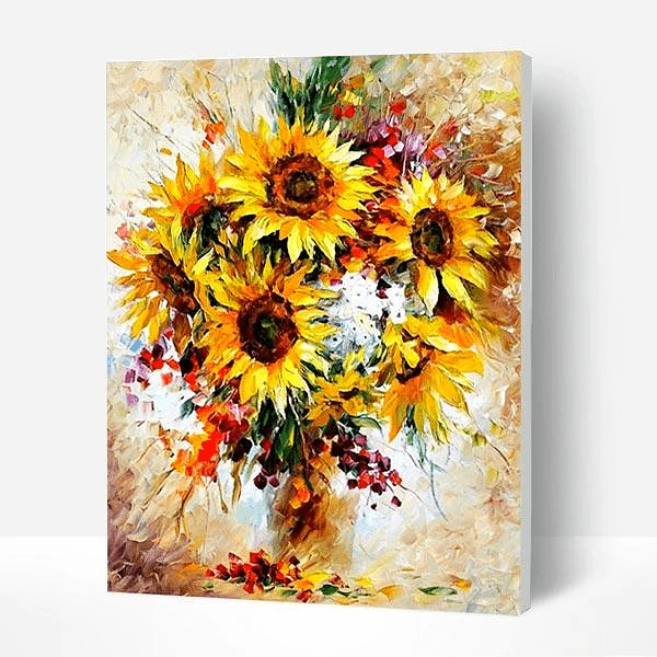 A paint by number painting of sunflowers in a vase