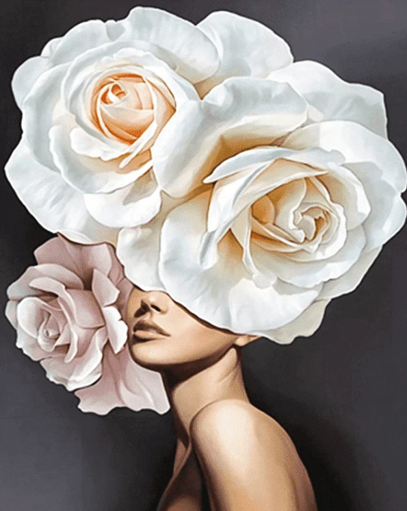 A paint by number painting of a woman with white roses on her head