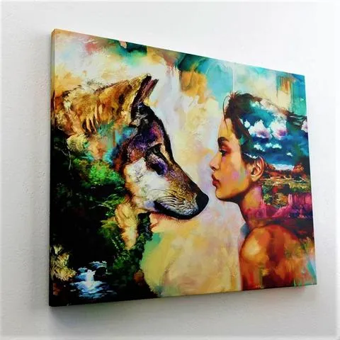 A painting of a woman and a wolf