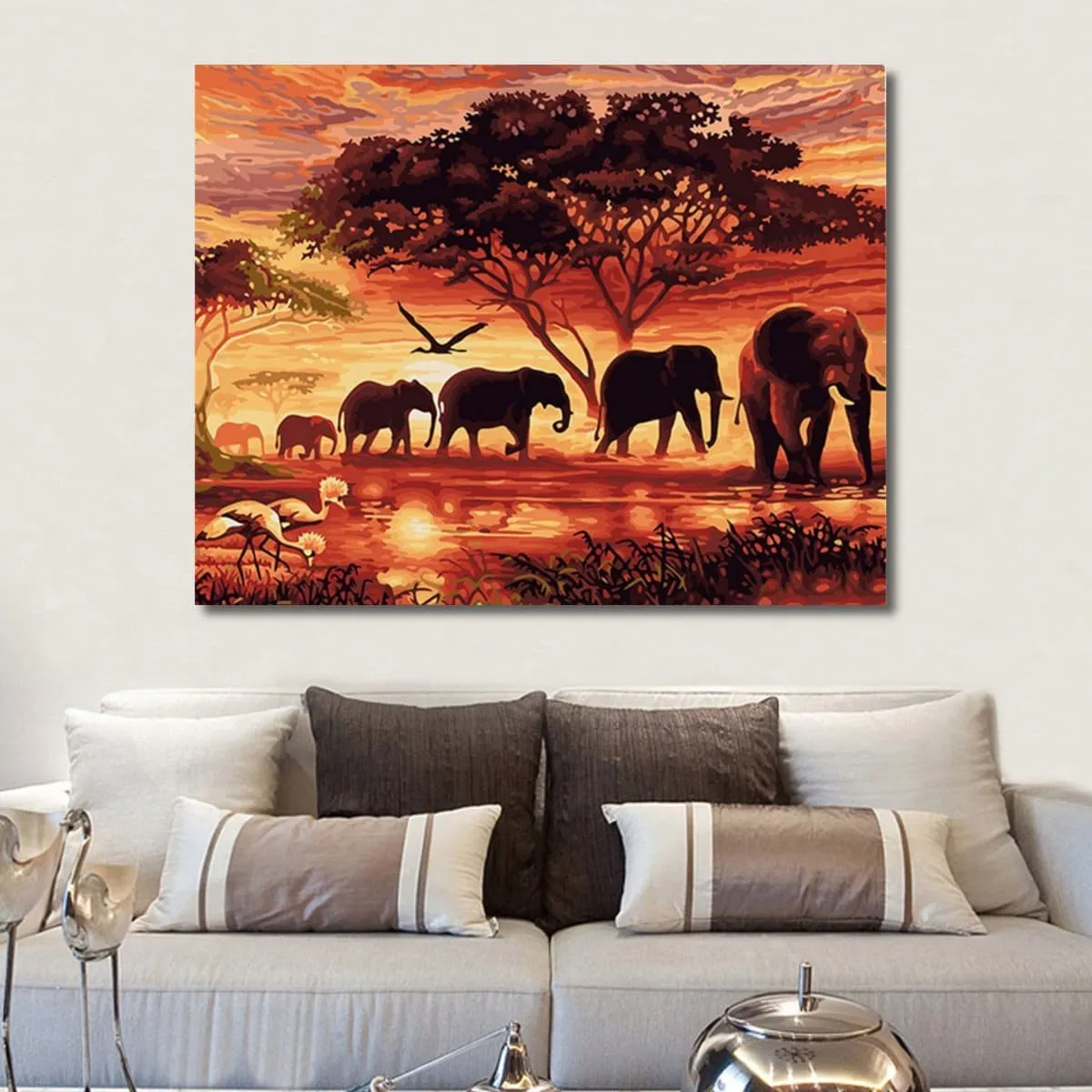 Elephants Sunset Landscape Paint by Numbers Kit - Just Paint by Number