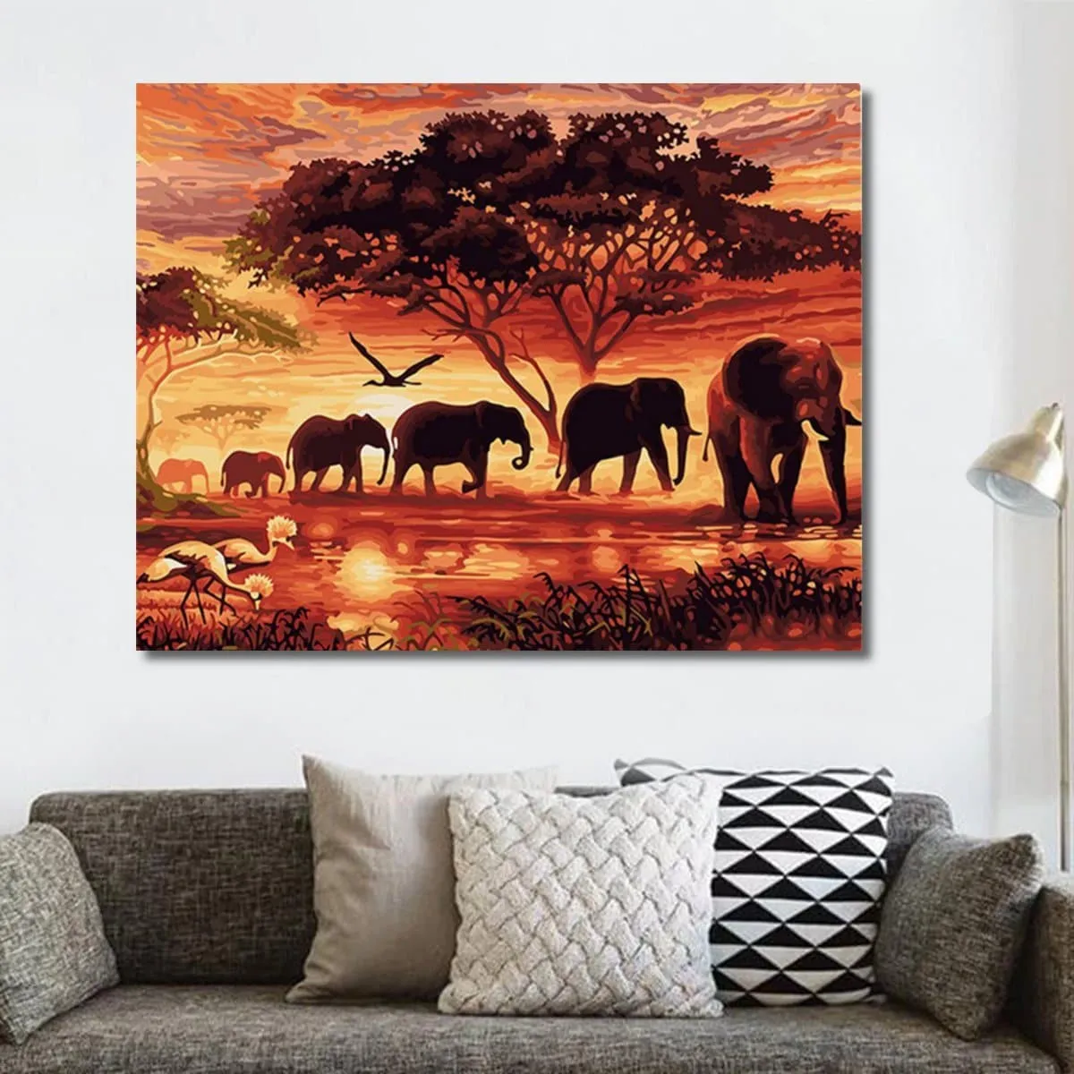 Elephants Sunset Landscape Paint by Numbers Kit - Just Paint by Number