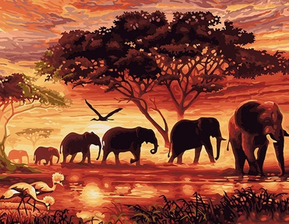 Elephants Sunset Landscape Paint by Numbers Kit - Just Paint by Number