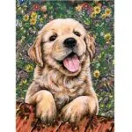 A painting of a golden retriever puppy resting its paws on a bench, set against a vibrant floral background.