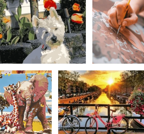 A collage of finished paint by number photos (a puppy, animals, landscapes).