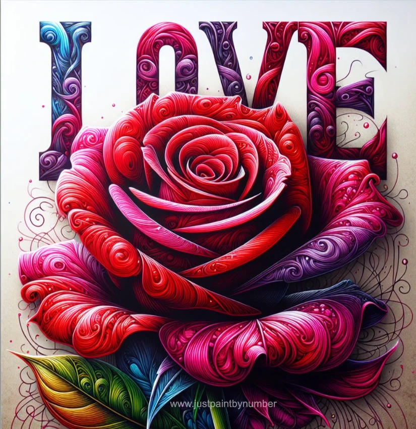 a painting of a red rose with the word love written on it