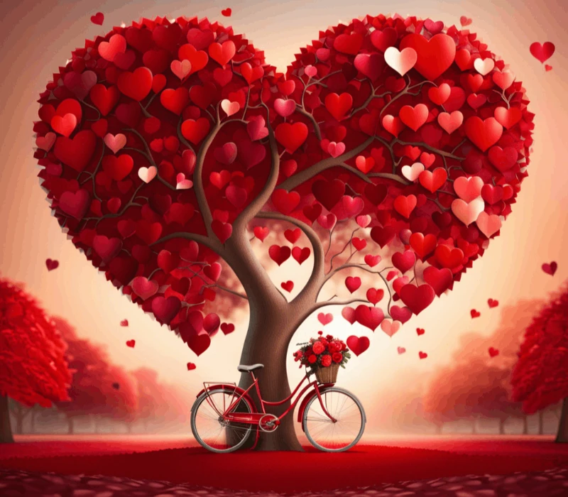 a heart shaped tree with a bicycle in front of it