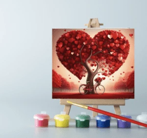An easel with paints and a Valentine Heart Tree canvas on it