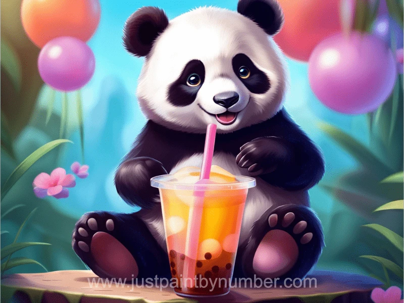 Aa paint by number painting of a panda with a boba drink and balloons
