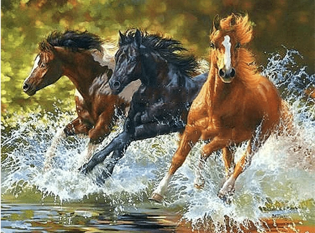 A painting of three horses running in the water