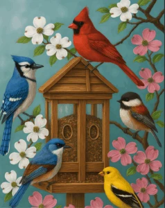 Paint by numbers design of five colorful birds—a cardinal, blue jay, chickadee, bluebird, and goldfinch—perched around a bird feeder with blooming white and pink dogwood flowers.