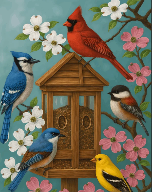 Paint by numbers design of five colorful birds—a cardinal, blue jay, chickadee, bluebird, and goldfinch—perched around a bird feeder with blooming white and pink dogwood flowers.