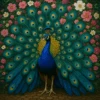 Paint by numbers design featuring a vibrant peacock with its feathers fully fanned out, surrounded by pink and white flowers in a lush green garden setting