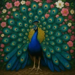 Paint by numbers design featuring a vibrant peacock with its feathers fully fanned out, surrounded by pink and white flowers in a lush green garden setting