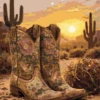 Desert Rose Boots western paint by number artwork with floral cowboy boots at sunset.