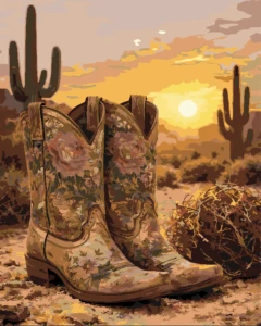 Desert Rose Boots western paint by number artwork with floral cowboy boots at sunset.
