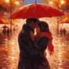 Under the Red Umbrella paint by number artwork showing a romantic couple kissing under a red umbrella in a rainy city with glowing streetlights.