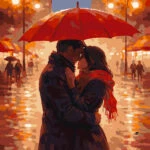 Under the Red Umbrella paint by number artwork showing a romantic couple kissing under a red umbrella in a rainy city with glowing streetlights.