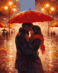 Under the Red Umbrella paint by number artwork showing a romantic couple kissing under a red umbrella in a rainy city with glowing streetlights.