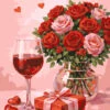 Love in Bloom paint by number artwork featuring a bouquet of red and pink roses in a glass vase, a glass of red wine, and a wrapped gift against a soft pink background with hearts.