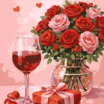 Love in Bloom paint by number artwork featuring a bouquet of red and pink roses in a glass vase, a glass of red wine, and a wrapped gift against a soft pink background with hearts.