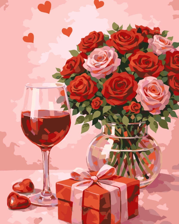 Love in Bloom paint by number artwork featuring a bouquet of red and pink roses in a glass vase, a glass of red wine, and a wrapped gift against a soft pink background with hearts.