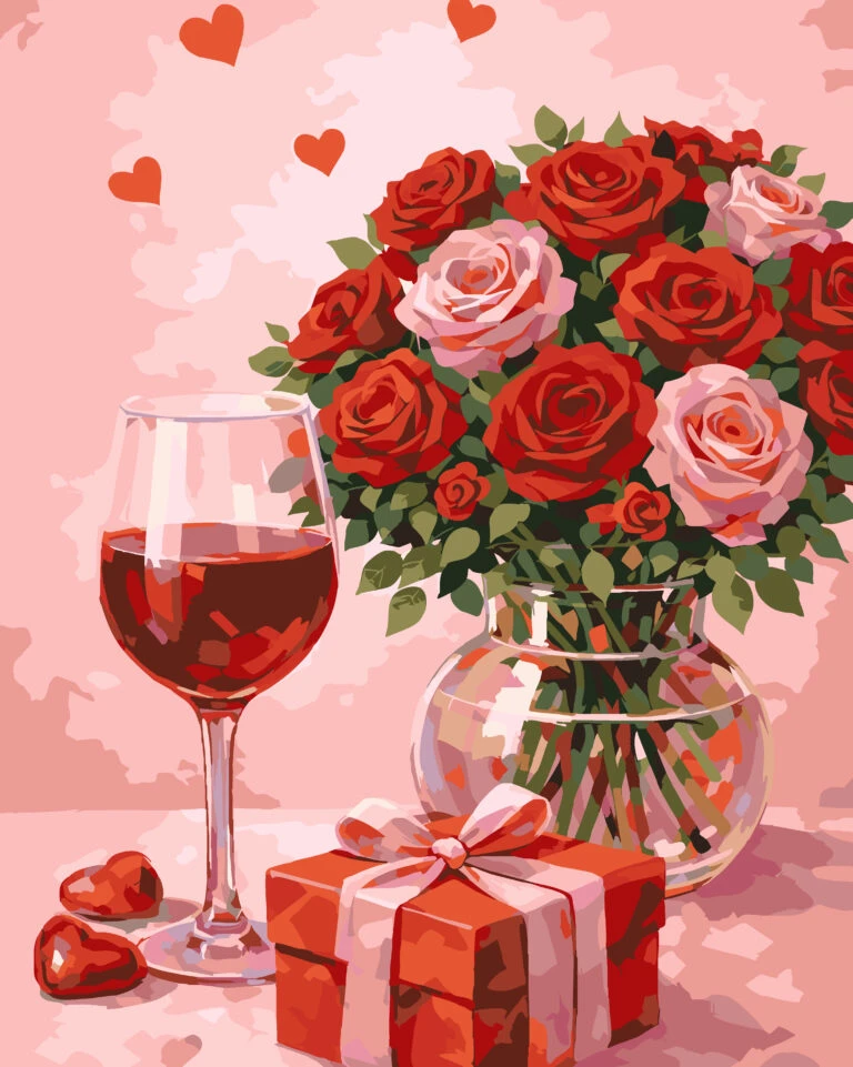 Love in Bloom paint by number artwork featuring a bouquet of red and pink roses in a glass vase, a glass of red wine, and a wrapped gift against a soft pink background with hearts.