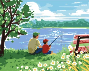 Paint by number artwork of a parent and child fishing by a calm lake with flowers, bench, and blue water under a sunny sky