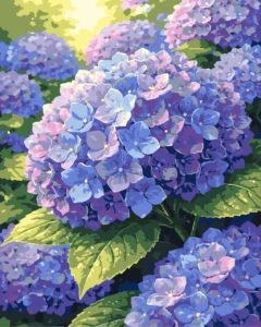 Blue and purple hydrangea paint by number artwork featuring soft pastel blooms and green leaves in a spring garden style