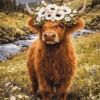 Paint by number artwork of a Highland cow with a flower crown standing in a scenic countryside with mountains and wildflowers