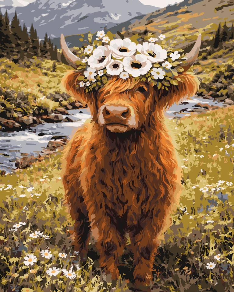 Paint by number artwork of a Highland cow with a flower crown standing in a scenic countryside with mountains and wildflowers