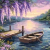 Paint by number artwork of a serene lakeside at sunset with a wooden dock, rowboat, purple hanging flowers, and glowing reflections on calm water