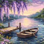 Paint by number artwork of a serene lakeside at sunset with a wooden dock, rowboat, purple hanging flowers, and glowing reflections on calm water