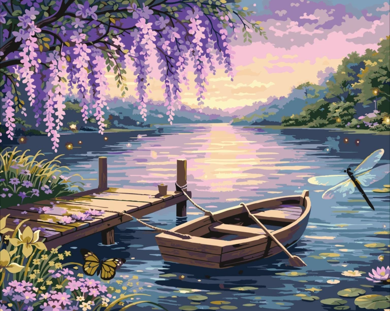 Paint by number artwork of a serene lakeside at sunset with a wooden dock, rowboat, purple hanging flowers, and glowing reflections on calm water