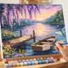 Lakeside sunset paint by number with boat, dock, purple flowers, and reflections