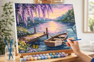 Lakeside sunset paint by number with boat, dock, purple flowers, and reflections